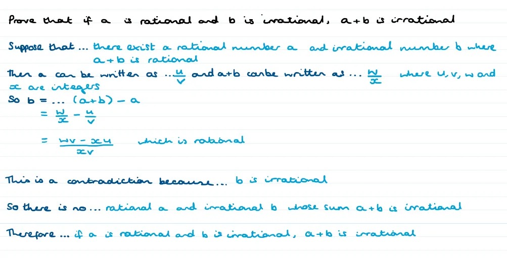 A similarly scaffolded proof that if a is rational and b is irrational, a+b is irrational