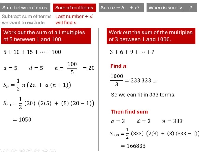 A slide with two questions asking for the sum of a certain number of multiples, eg all multiples of 3 less than 1000