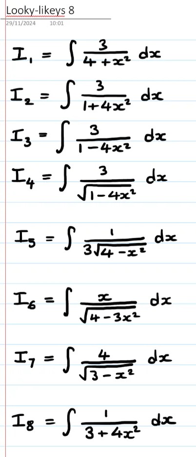 8 integrals that all use a 3, a 4, an x^2 term and a fraction