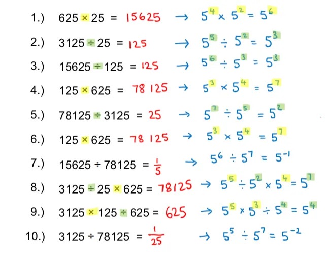 The questions from the last slide but with the numbers rewritten in index notation. Multiplications have been highlighted in yellow and divisions in green, and the indices highlighted too to illustrate the index laws