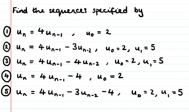A set of 5 similar-looking recurrence relations that require slightly different techniques to solve. 