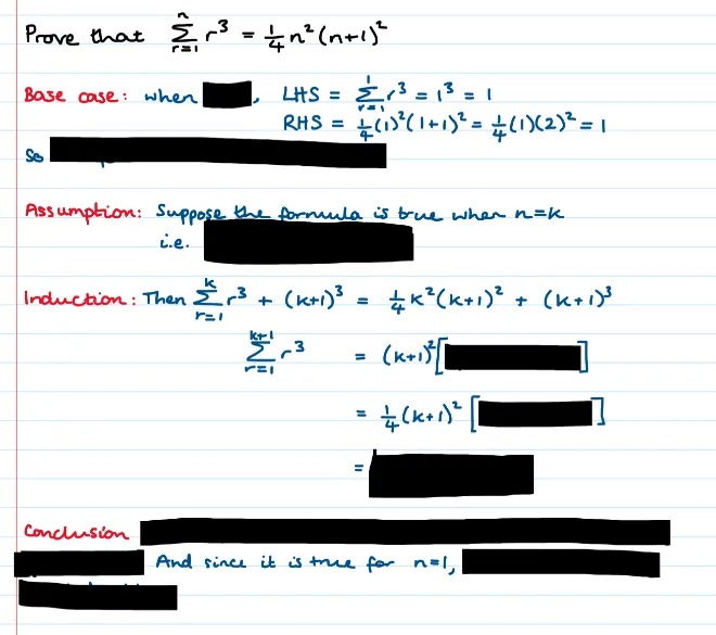 A proof by induction with some parts blanked out. 