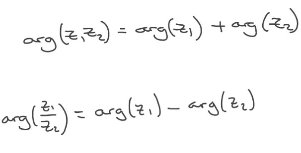 arg(z1z2) = arg(z1) + arg(z2)
arg(z1/z2) = arg(z1) - arg(z2)