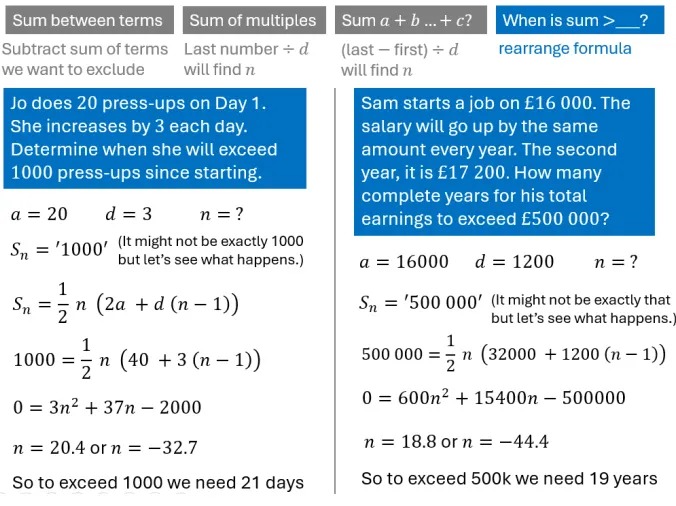 A slide with two questions asking for the number of terms of an arithmetic series that need to be added to exceed a given value. 