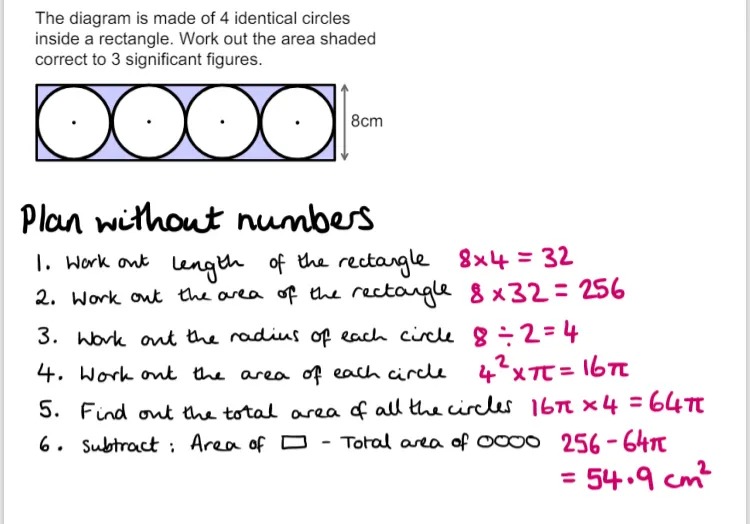 A compound area problem and a 6-step plan to solve it. In pink, the calculations to accompany each step have been written alongside. 