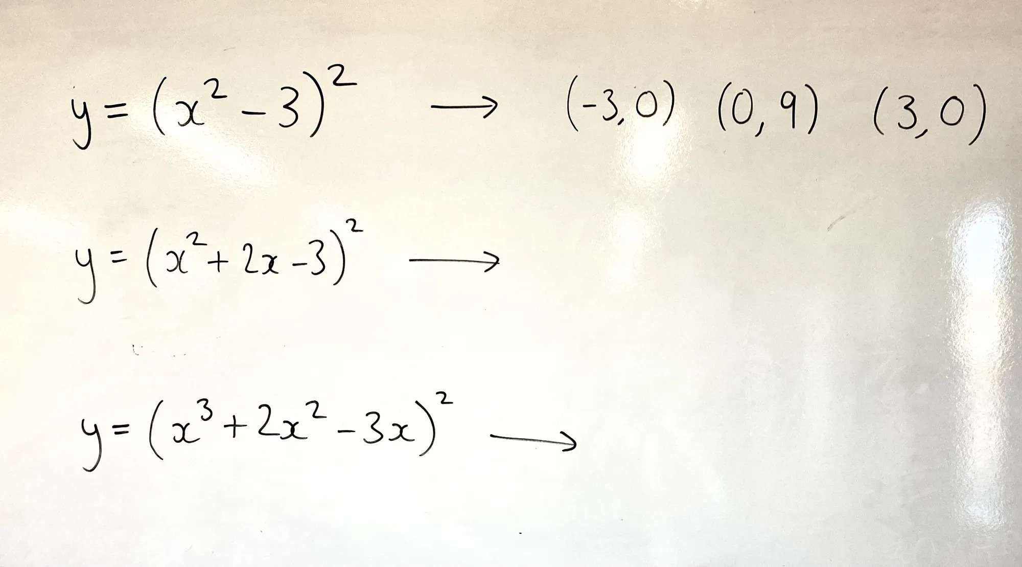The equations are
y=(x^2-3)^2

y=(x^2+2x-3)^2

y=(x^3+2x^2-3x)^2