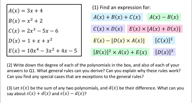 Question 1 has lots of parts which ask students to add, subtract or multiply polynomials from a box on the left. Question 2 says: Write down the degree of each of the polynomials in the box, and also of each of your answers to Q1. What general rules can you derive? Can you explain why these rules work?
Can you find any special cases that are exceptions to the general rules?