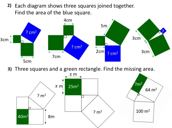 Each diagram shows three squares joined together.
Find the area of the blue square.