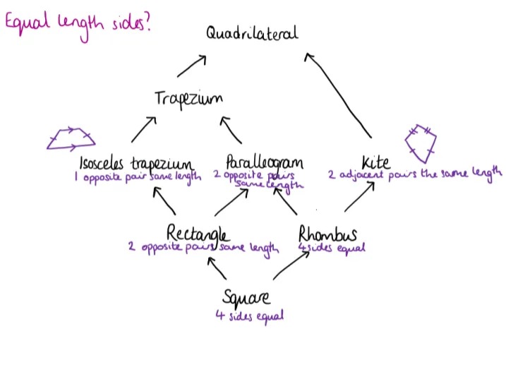 The same basic diagram, with annotations in purple to show properties relating to equal length sides. 