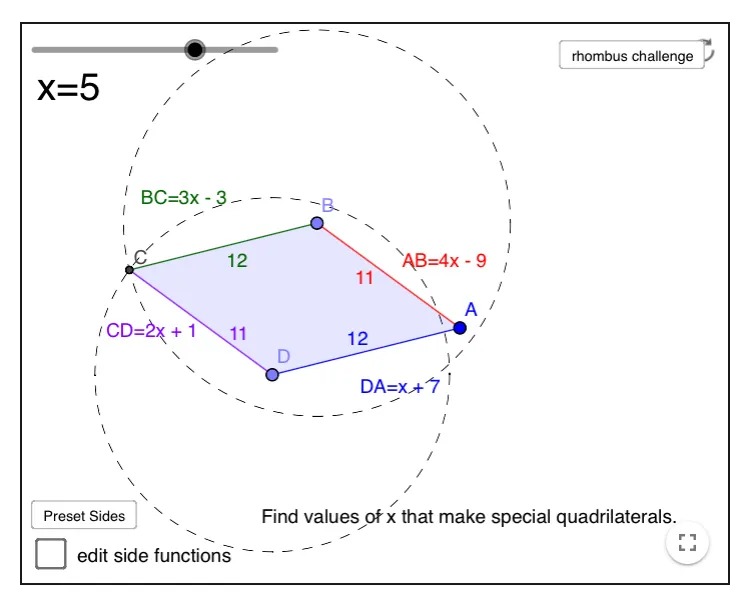 A screenshot from the geogebra webpage linked above. It shows the parallelogram from the previous picture in the case when x=5.