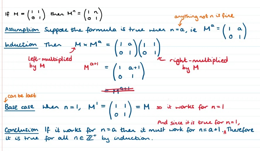 A badly written proof that has been annotated in red with corrections, and in orange with things that are different to the other examples but not wrong. 