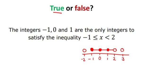 A true or false question about inequalities illustrated with a diagram showing an inequality on a number line. There are circles drawn at every integer point both on the line and outside it, which are only shaded if the integer lies in the region. 