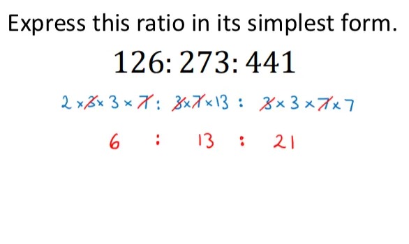 Express this ratio in its simplest form.
126: 273:441