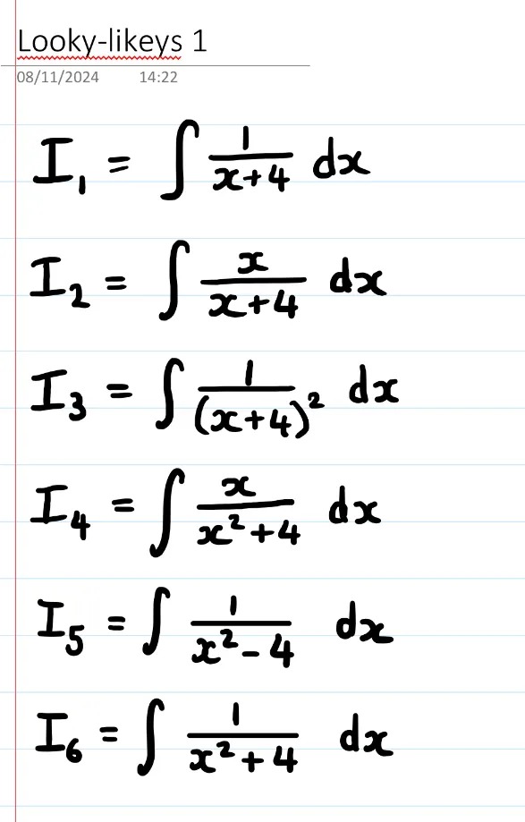 Six similar- looking integrals. The sixth one is the integral of 1/(x^2+4)